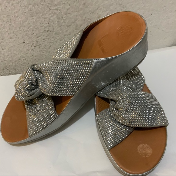 Fitflops TWISS Gold Rhinestone Bling Glitter Brown Leather Twist Platform Slid - Picture 3 of 9